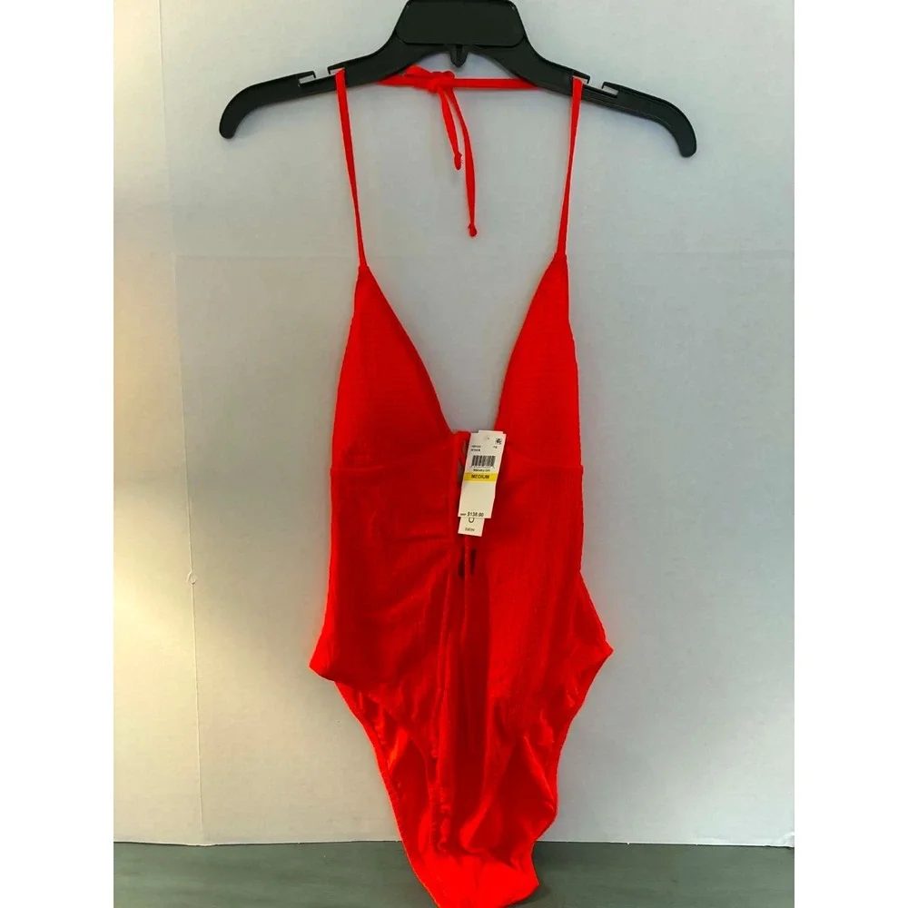 Lucky Brand Textured One Piece Swimsuit Women's Medium Red Halter Lace Up Monoki